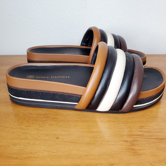 Tory Burch Shoes - Tory Burch Quilted Colorblock Leather Platform Sandals Brown Slides SZ 11